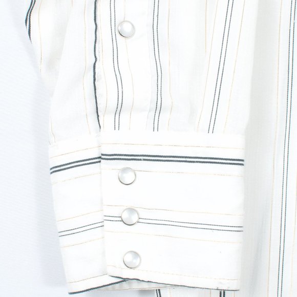 🇺🇸 VTG Panhandle Slim 16.5x34 Pearl Snap Poly-Cotton Ivory Black & Gold Stripe - Picture 4 of 6